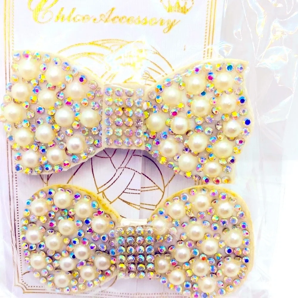 Hair barrette bow faux pearls crystals iri…